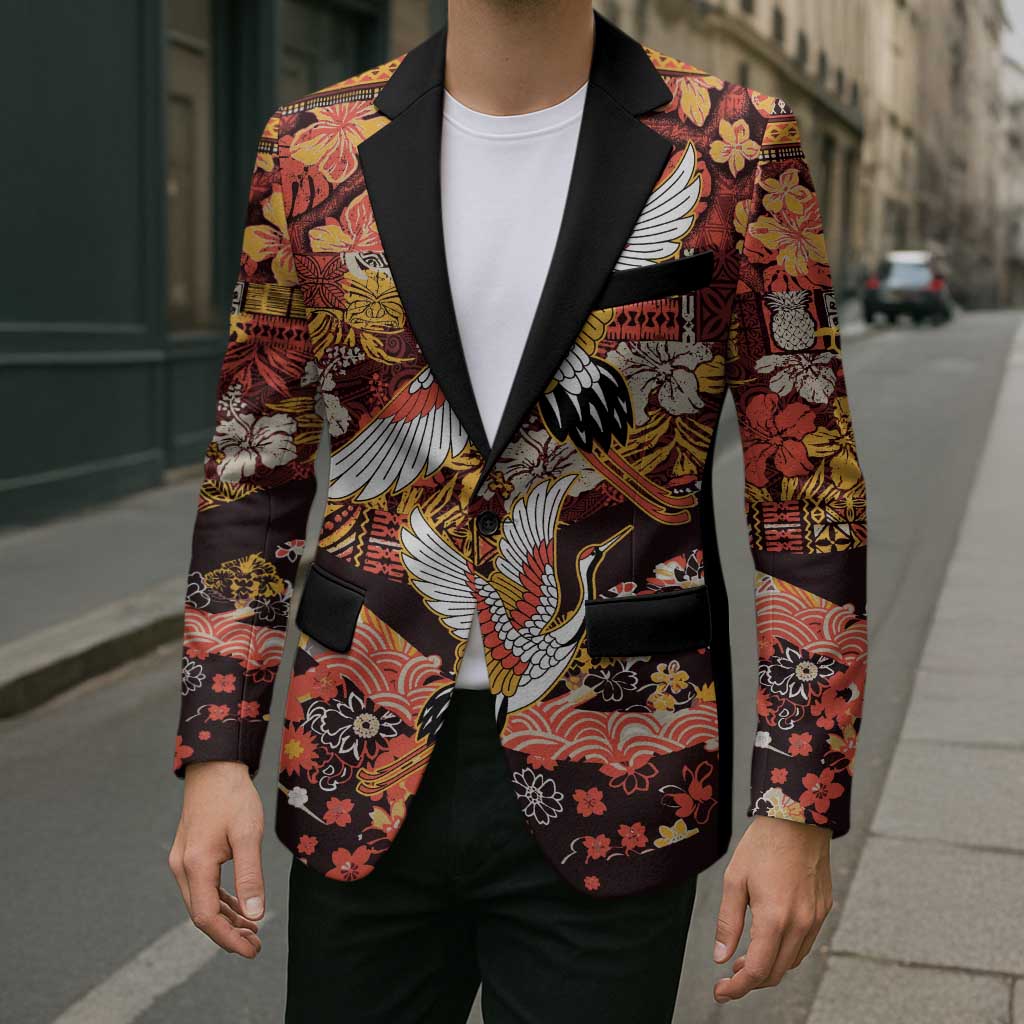 Japanese Hawaiian Crane Blazer Yellow Ochre Tapa Patchwork Pattern
