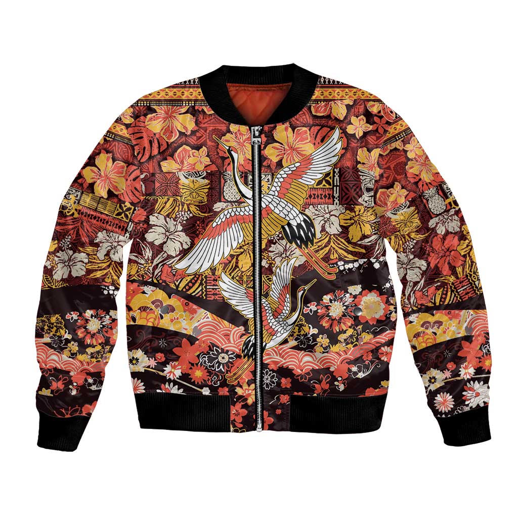 Japanese Hawaiian Crane Bomber Jacket Yellow Ochre Tapa Patchwork Pattern