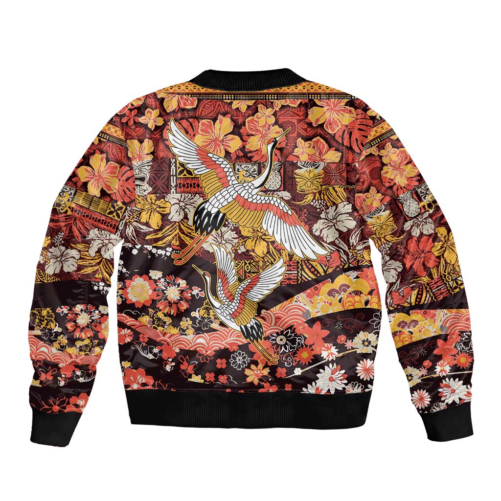 Japanese Hawaiian Crane Bomber Jacket Yellow Ochre Tapa Patchwork Pattern