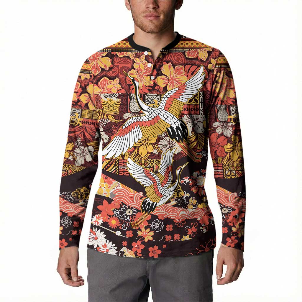 Japanese Hawaiian Crane Button Sweatshirt Yellow Ochre Tapa Patchwork Pattern