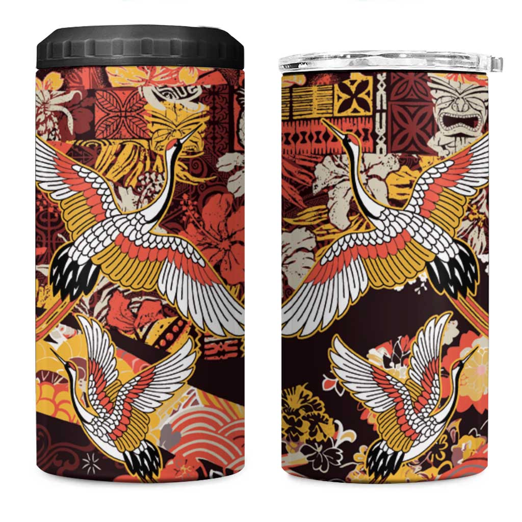 Japanese Hawaiian Crane 4 in 1 Can Cooler Tumbler Yellow Ochre Tapa Patchwork Pattern