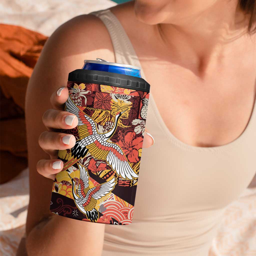 Japanese Hawaiian Crane 4 in 1 Can Cooler Tumbler Yellow Ochre Tapa Patchwork Pattern