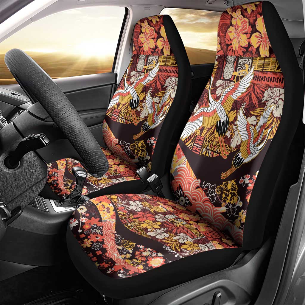 Japanese Hawaiian Crane Car Seat Cover Yellow Ochre Tapa Patchwork Pattern LT9 - Polynesian Pride