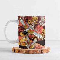 Japanese Hawaiian Crane Ceramic Mug Yellow Ochre Tapa Patchwork Pattern