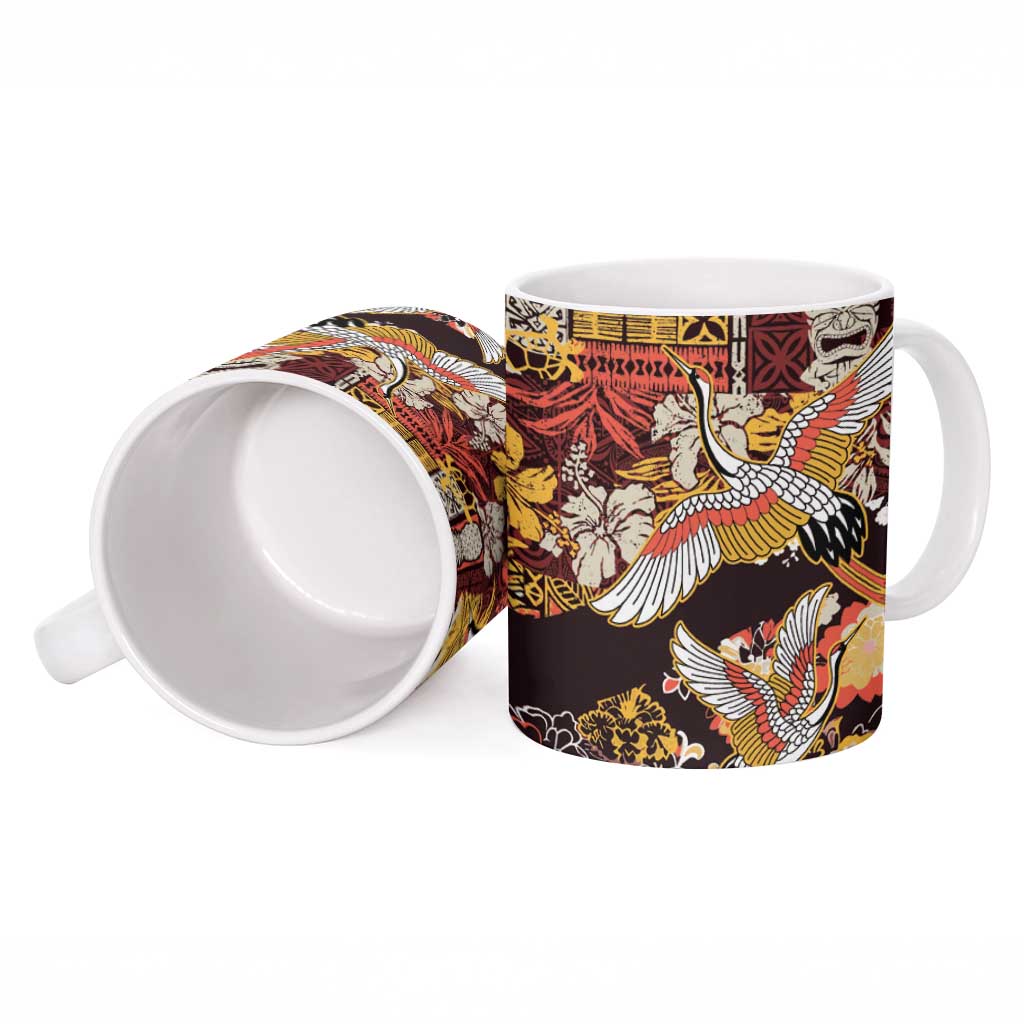 Japanese Hawaiian Crane Ceramic Mug Yellow Ochre Tapa Patchwork Pattern