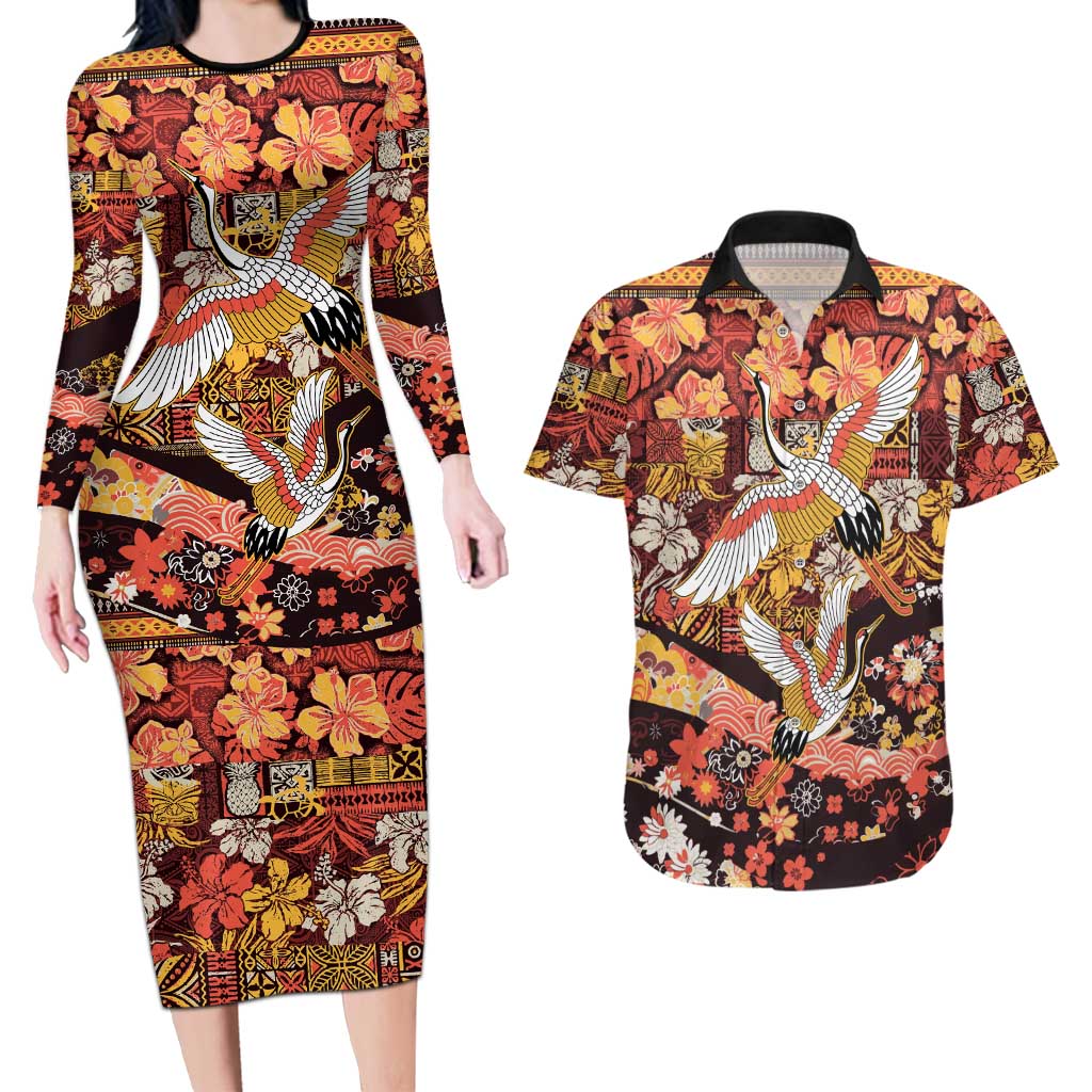Japanese Hawaiian Crane Couples Matching Long Sleeve Bodycon Dress and Hawaiian Shirt Yellow Ochre Tapa Patchwork Pattern