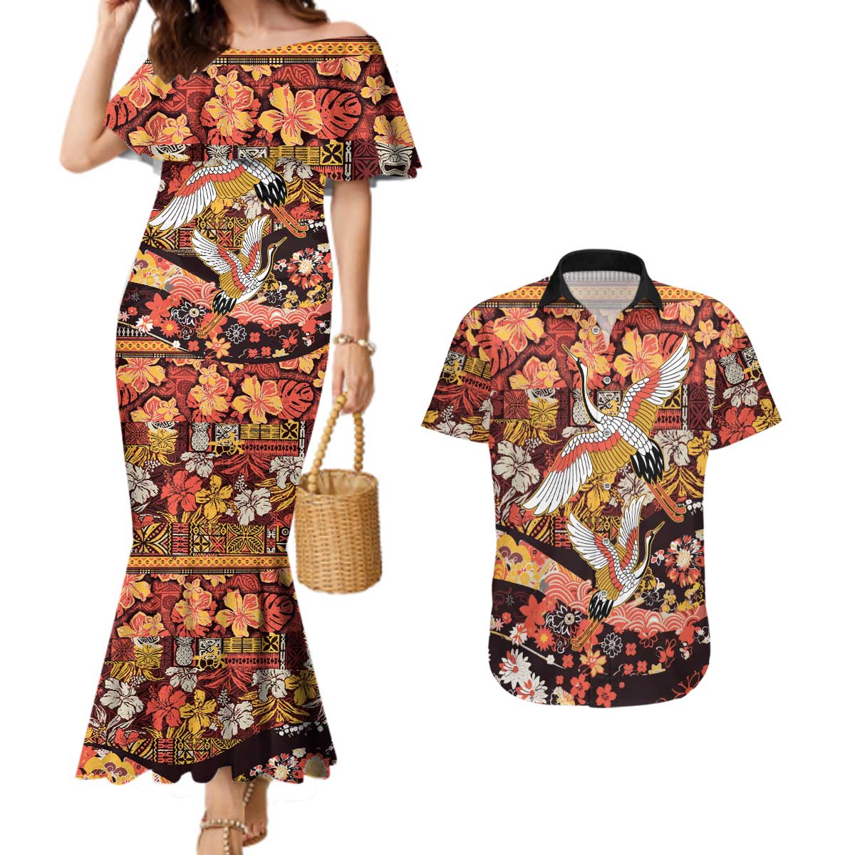 Japanese Hawaiian Crane Couples Matching Mermaid Dress and Hawaiian Shirt Yellow Ochre Tapa Patchwork Pattern