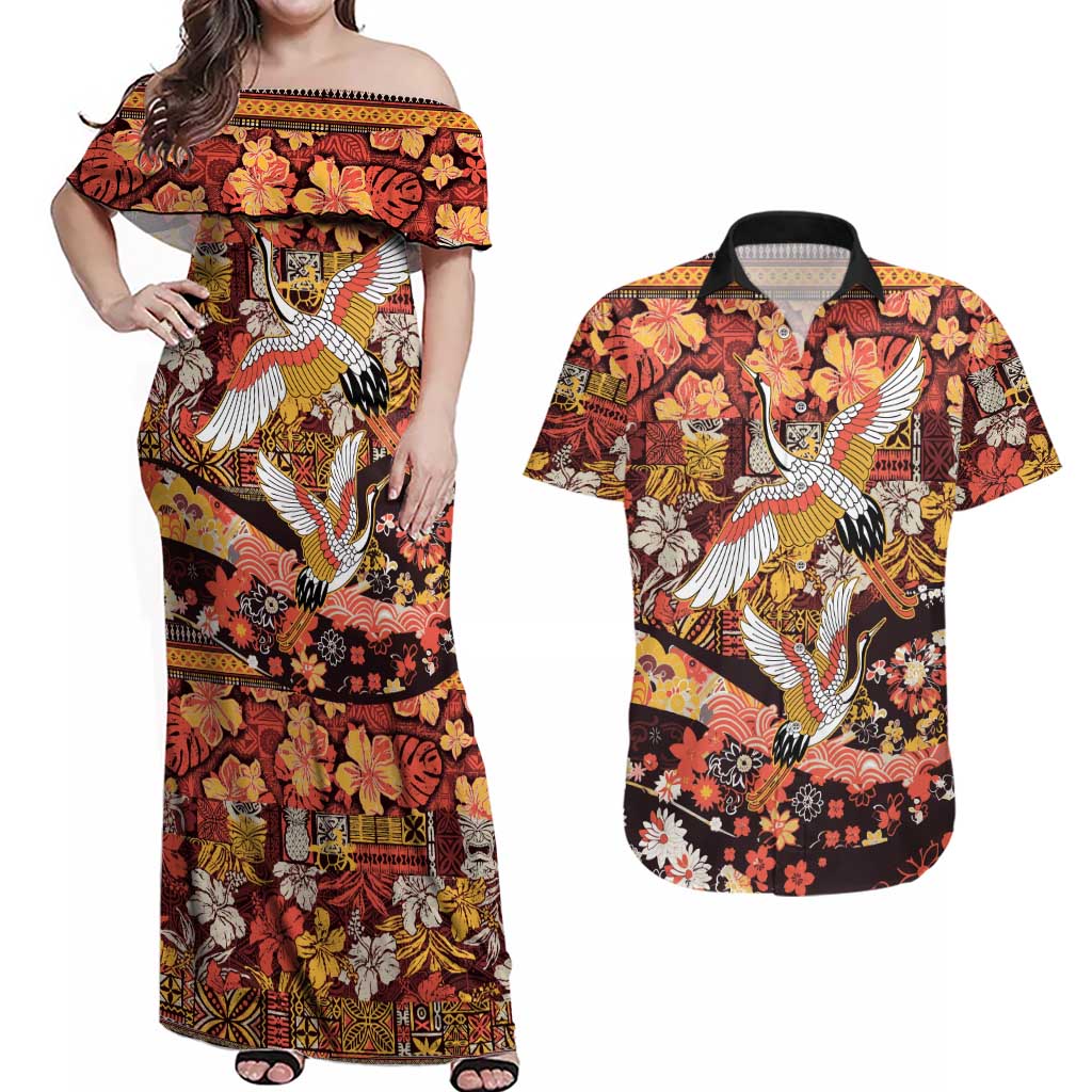 Japanese Hawaiian Crane Couples Matching Off Shoulder Maxi Dress and Hawaiian Shirt Yellow Ochre Tapa Patchwork Pattern