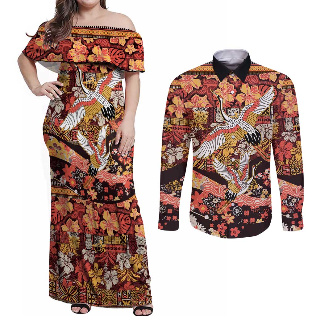 Japanese Hawaiian Crane Couples Matching Off Shoulder Maxi Dress and Long Sleeve Button Shirt Yellow Ochre Tapa Patchwork Pattern