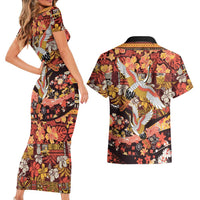 Japanese Hawaiian Crane Couples Matching Short Sleeve Bodycon Dress and Hawaiian Shirt Yellow Ochre Tapa Patchwork Pattern LT9 - Polynesian Pride