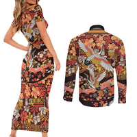 Japanese Hawaiian Crane Couples Matching Short Sleeve Bodycon Dress and Long Sleeve Button Shirt Yellow Ochre Tapa Patchwork Pattern