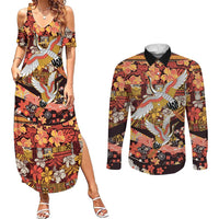 Japanese Hawaiian Crane Couples Matching Summer Maxi Dress and Long Sleeve Button Shirt Yellow Ochre Tapa Patchwork Pattern