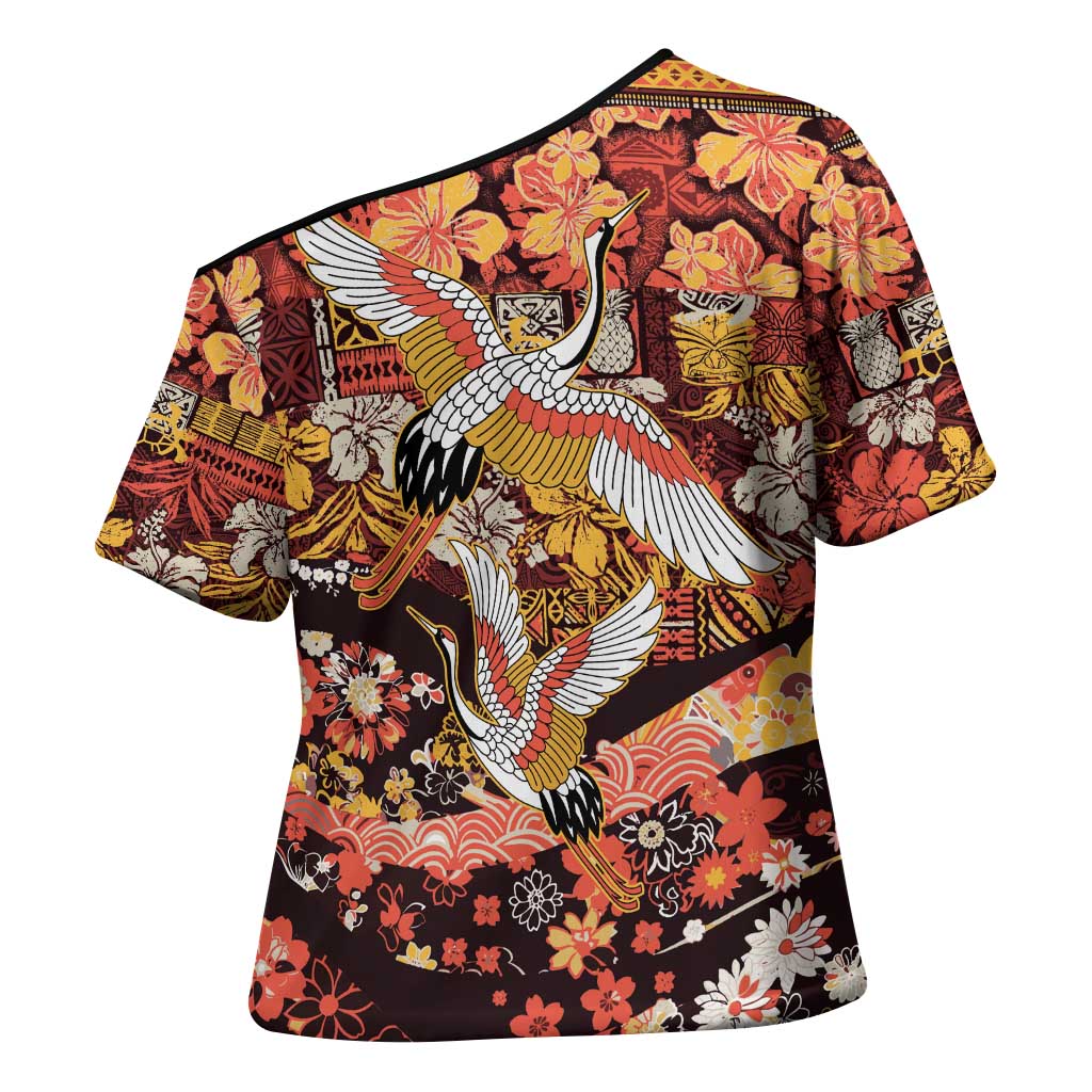 Japanese Hawaiian Crane Cross Shoulder Shirt Yellow Ochre Tapa Patchwork Pattern