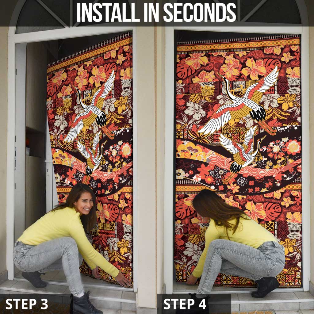 Japanese Hawaiian Crane Door Cover Yellow Ochre Tapa Patchwork Pattern