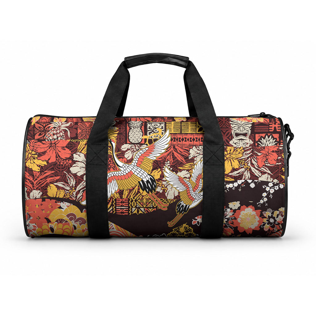 Japanese Hawaiian Crane Duffle Bag Yellow Ochre Tapa Patchwork Pattern LT9 One size Blue - Polynesian Pride