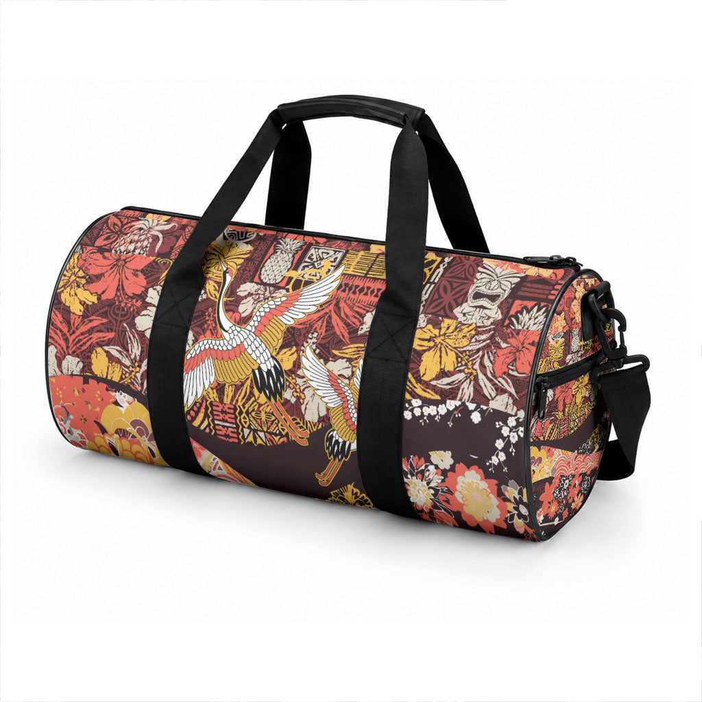 Japanese Hawaiian Crane Duffle Bag Yellow Ochre Tapa Patchwork Pattern LT9 - Polynesian Pride