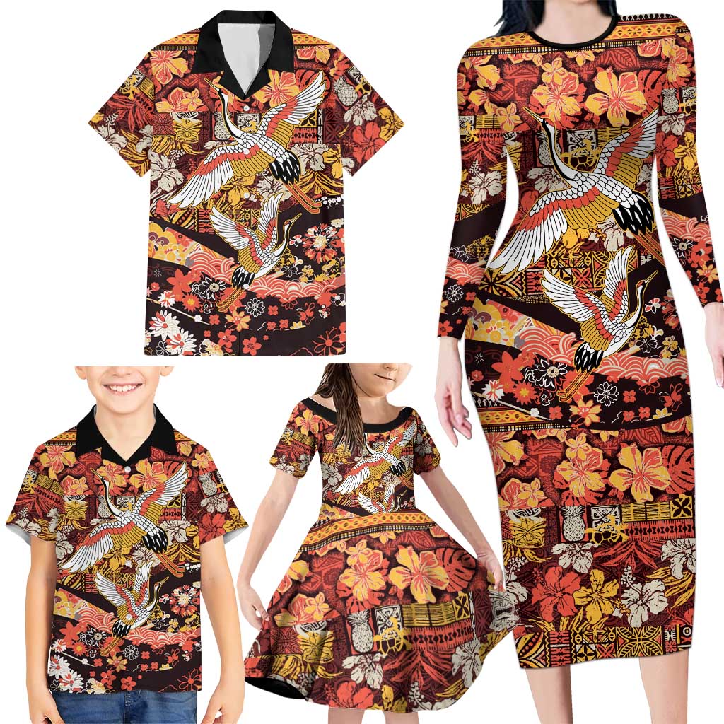 Japanese Hawaiian Crane Family Matching Long Sleeve Bodycon Dress and Hawaiian Shirt Yellow Ochre Tapa Patchwork Pattern LT9 - Polynesian Pride