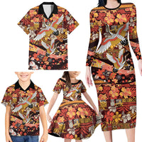 Japanese Hawaiian Crane Family Matching Long Sleeve Bodycon Dress and Hawaiian Shirt Yellow Ochre Tapa Patchwork Pattern LT9 - Polynesian Pride