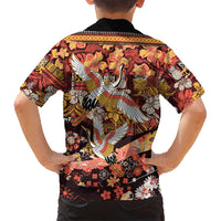 Japanese Hawaiian Crane Family Matching Off Shoulder Maxi Dress and Hawaiian Shirt Yellow Ochre Tapa Patchwork Pattern LT9 - Polynesian Pride