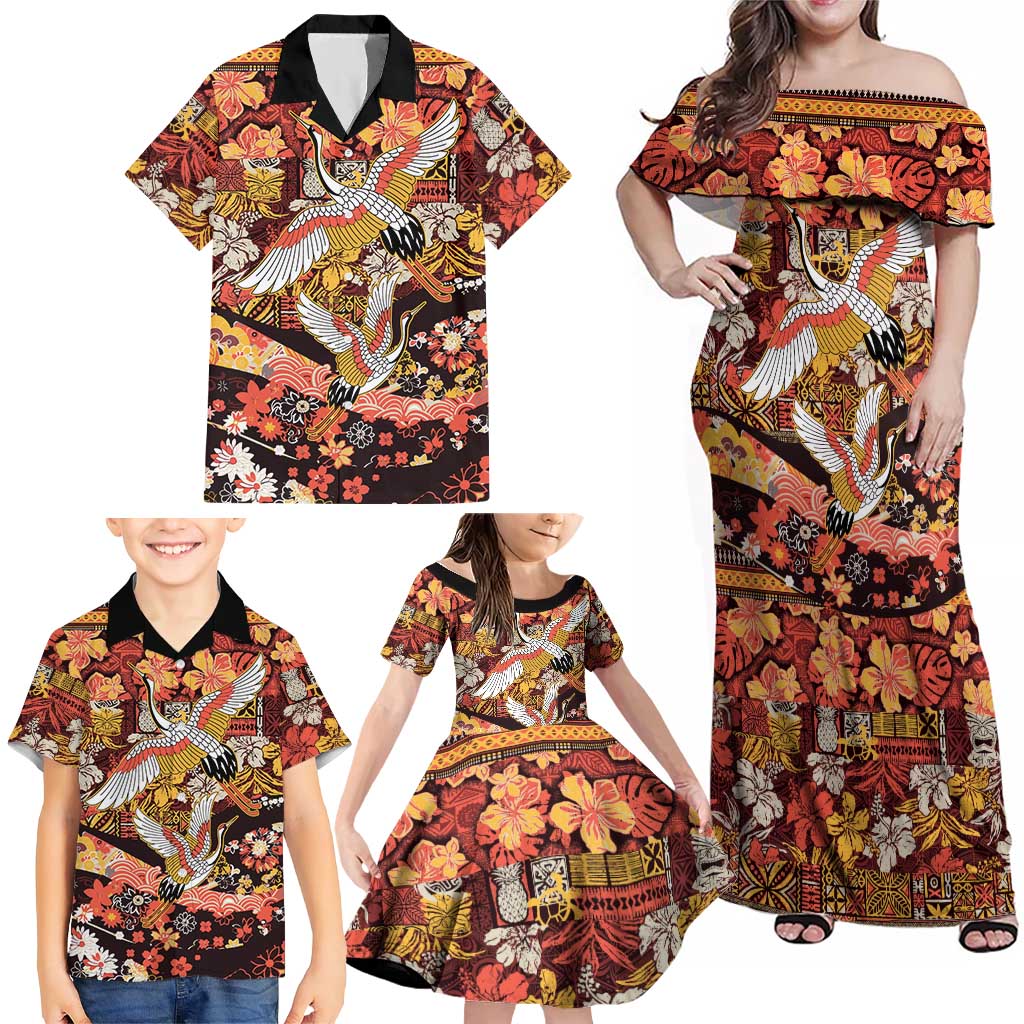 Japanese Hawaiian Crane Family Matching Off Shoulder Maxi Dress and Hawaiian Shirt Yellow Ochre Tapa Patchwork Pattern