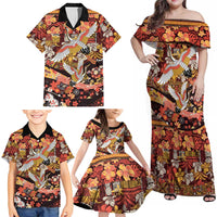 Japanese Hawaiian Crane Family Matching Off Shoulder Maxi Dress and Hawaiian Shirt Yellow Ochre Tapa Patchwork Pattern LT9 - Polynesian Pride