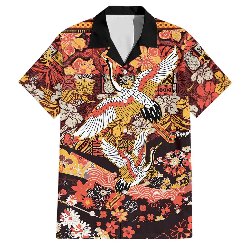 Japanese Hawaiian Crane Family Matching Off Shoulder Maxi Dress and Hawaiian Shirt Yellow Ochre Tapa Patchwork Pattern LT9 Dad's Shirt - Short Sleeve Yellow - Polynesian Pride
