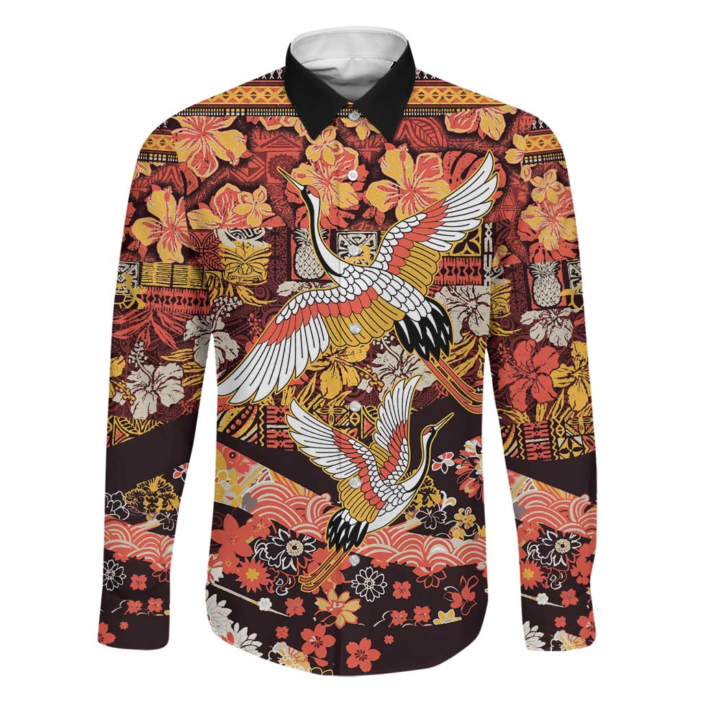 Japanese Hawaiian Crane Family Matching Off Shoulder Maxi Dress and Hawaiian Shirt Yellow Ochre Tapa Patchwork Pattern LT9 Dad's Shirt - Long Sleeve Yellow - Polynesian Pride