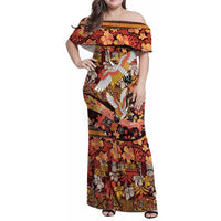 Japanese Hawaiian Crane Family Matching Off Shoulder Maxi Dress and Hawaiian Shirt Yellow Ochre Tapa Patchwork Pattern LT9 Mom's Dress Yellow - Polynesian Pride
