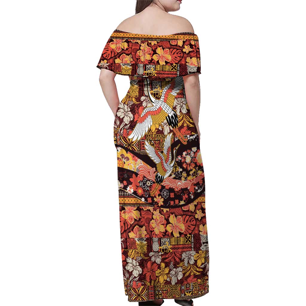Japanese Hawaiian Crane Family Matching Off Shoulder Maxi Dress and Hawaiian Shirt Yellow Ochre Tapa Patchwork Pattern LT9 - Polynesian Pride