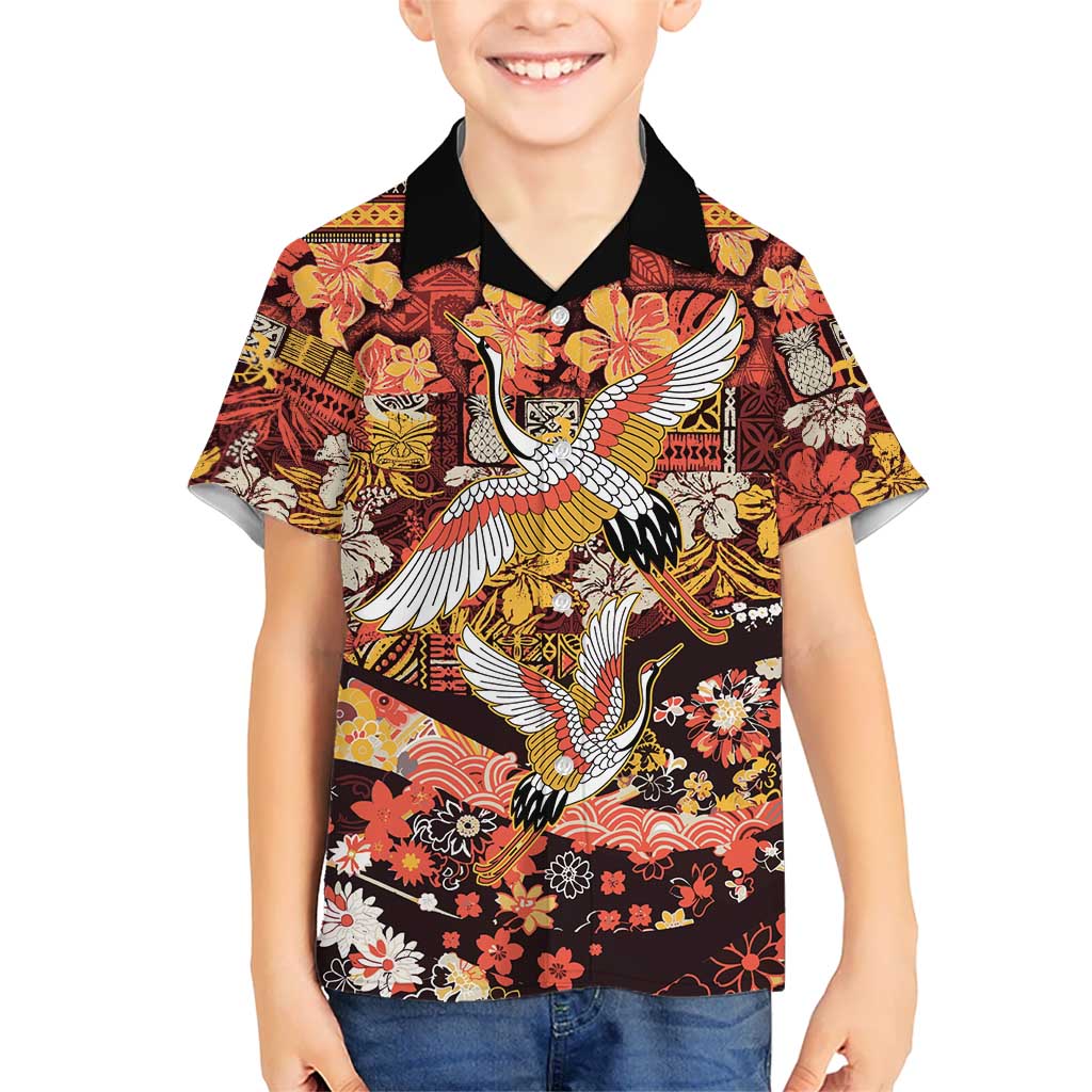 Japanese Hawaiian Crane Family Matching Off Shoulder Short Dress and Hawaiian Shirt Yellow Ochre Tapa Patchwork Pattern LT9 Son's Shirt Yellow - Polynesian Pride