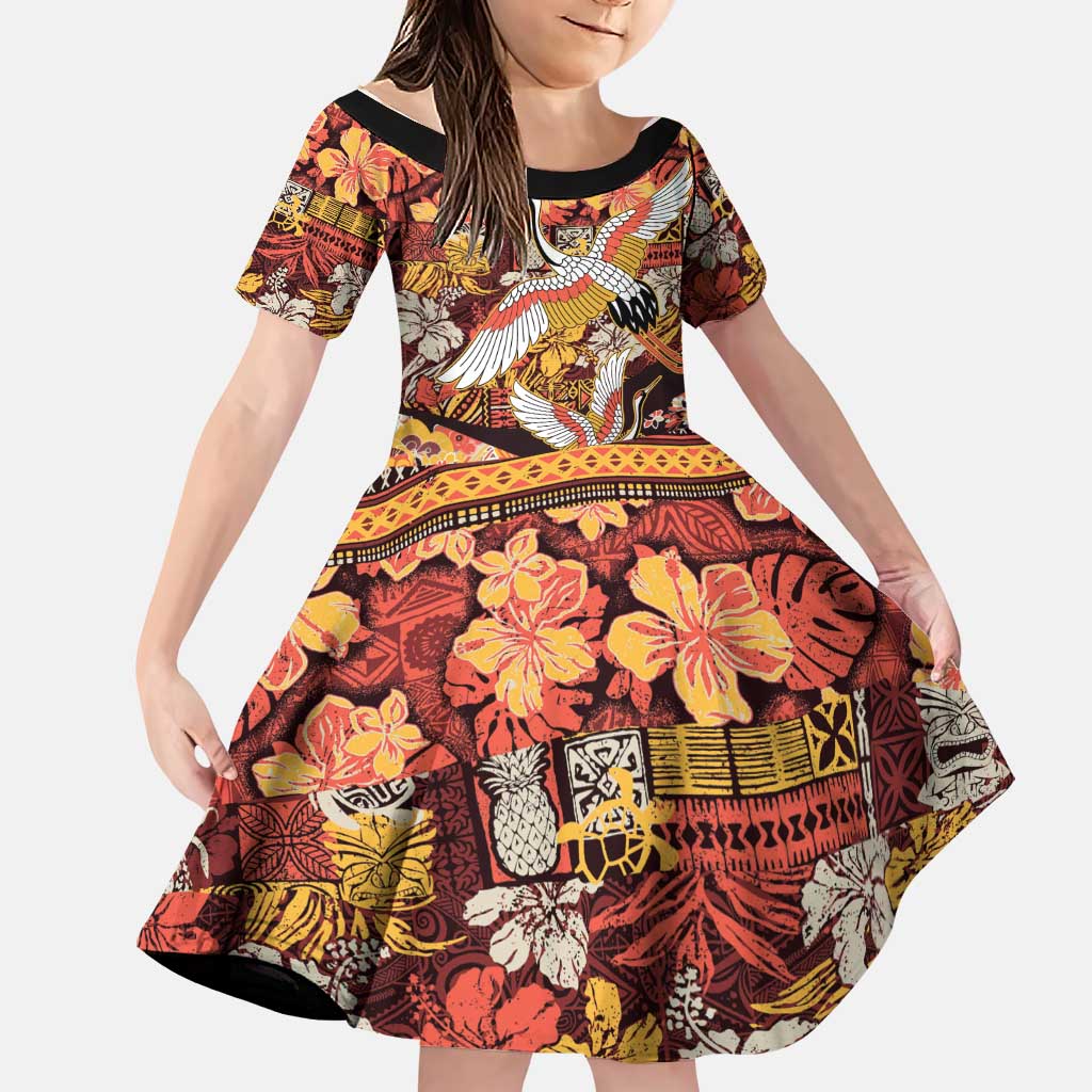 Japanese Hawaiian Crane Family Matching Puletasi and Hawaiian Shirt Yellow Ochre Tapa Patchwork Pattern