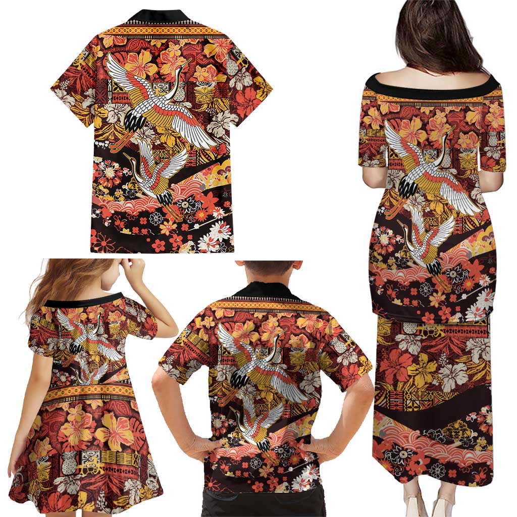 Japanese Hawaiian Crane Family Matching Puletasi and Hawaiian Shirt Yellow Ochre Tapa Patchwork Pattern