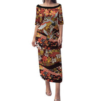 Japanese Hawaiian Crane Family Matching Puletasi and Hawaiian Shirt Yellow Ochre Tapa Patchwork Pattern