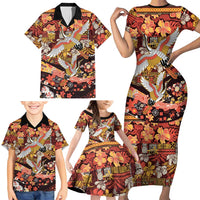 Japanese Hawaiian Crane Family Matching Short Sleeve Bodycon Dress and Hawaiian Shirt Yellow Ochre Tapa Patchwork Pattern LT9 - Polynesian Pride