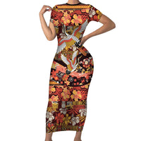 Japanese Hawaiian Crane Family Matching Short Sleeve Bodycon Dress and Hawaiian Shirt Yellow Ochre Tapa Patchwork Pattern LT9 Mom's Dress Yellow - Polynesian Pride
