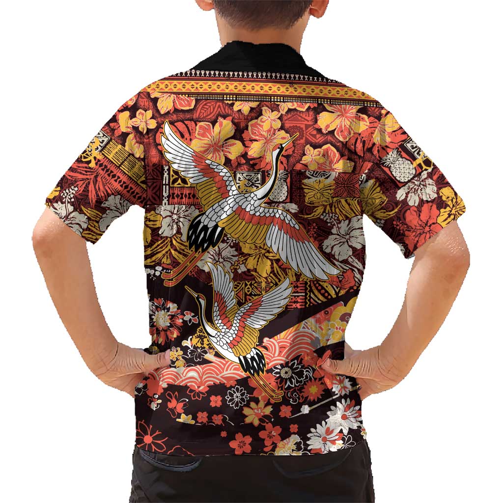 Japanese Hawaiian Crane Family Matching Summer Maxi Dress and Hawaiian Shirt Yellow Ochre Tapa Patchwork Pattern LT9 - Polynesian Pride