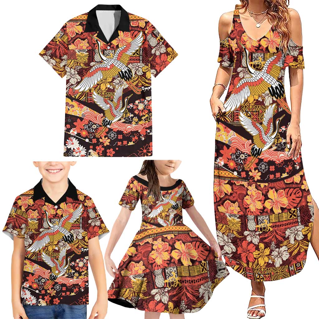 Japanese Hawaiian Crane Family Matching Summer Maxi Dress and Hawaiian Shirt Yellow Ochre Tapa Patchwork Pattern LT9 - Polynesian Pride