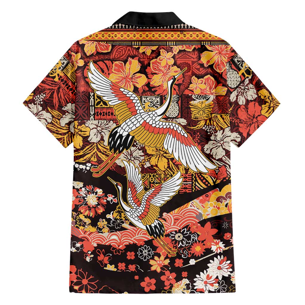 Japanese Hawaiian Crane Family Matching Summer Maxi Dress and Hawaiian Shirt Yellow Ochre Tapa Patchwork Pattern LT9 - Polynesian Pride