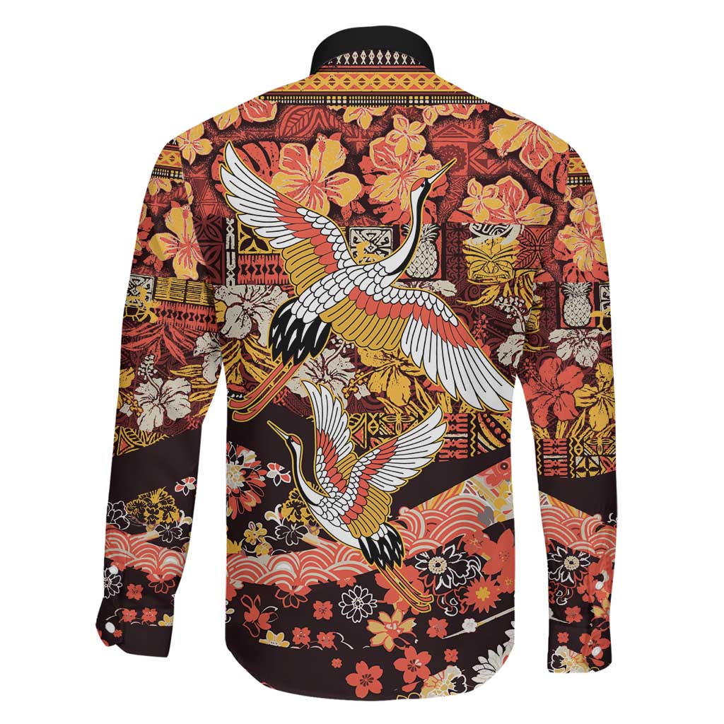 Japanese Hawaiian Crane Family Matching Summer Maxi Dress and Hawaiian Shirt Yellow Ochre Tapa Patchwork Pattern LT9 - Polynesian Pride