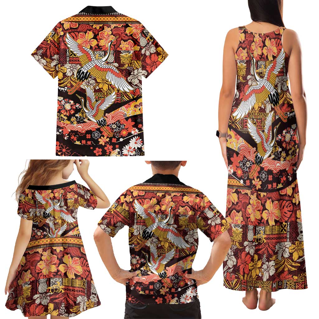 Japanese Hawaiian Crane Family Matching Tank Maxi Dress and Hawaiian Shirt Yellow Ochre Tapa Patchwork Pattern LT9 - Polynesian Pride