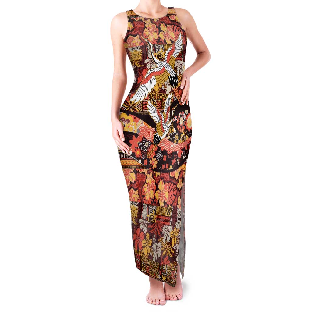 Japanese Hawaiian Crane Family Matching Tank Maxi Dress and Hawaiian Shirt Yellow Ochre Tapa Patchwork Pattern LT9 Mom's Dress Yellow - Polynesian Pride