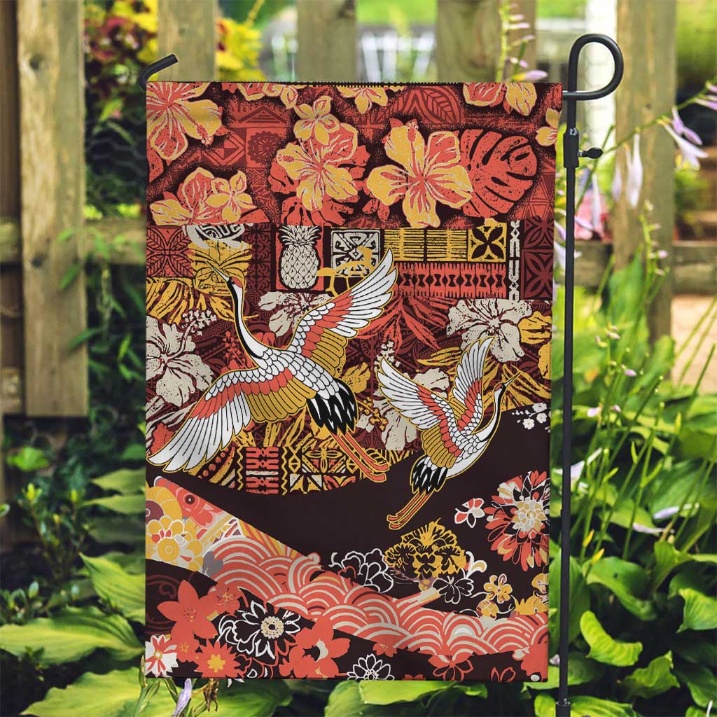 Japanese Hawaiian Crane Garden Flag Yellow Ochre Tapa Patchwork Pattern
