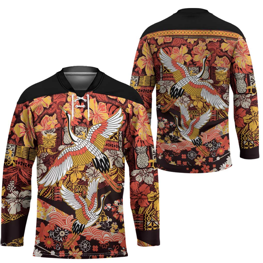 Japanese Hawaiian Crane Hockey Jersey Yellow Ochre Tapa Patchwork Pattern