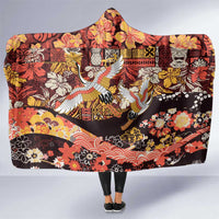 Japanese Hawaiian Crane Hooded Blanket Yellow Ochre Tapa Patchwork Pattern