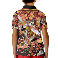 Japanese Hawaiian Crane Kid Polo Shirt Yellow Ochre Tapa Patchwork Pattern