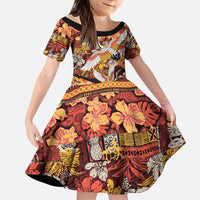 Japanese Hawaiian Crane Kid Short Sleeve Dress Yellow Ochre Tapa Patchwork Pattern