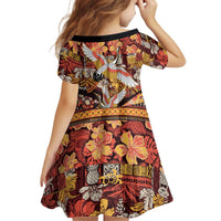 Japanese Hawaiian Crane Kid Short Sleeve Dress Yellow Ochre Tapa Patchwork Pattern