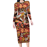 Japanese Hawaiian Crane Long Sleeve Bodycon Dress Yellow Ochre Tapa Patchwork Pattern LT9 Long Dress Yellow - Polynesian Pride