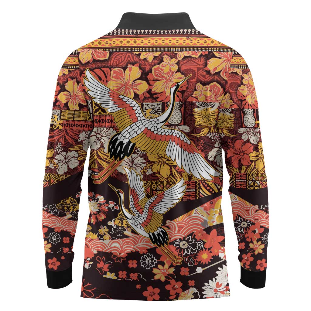 Japanese Hawaiian Crane Long Sleeve Polo Shirt Yellow Ochre Tapa Patchwork Pattern LT9 - Polynesian Pride