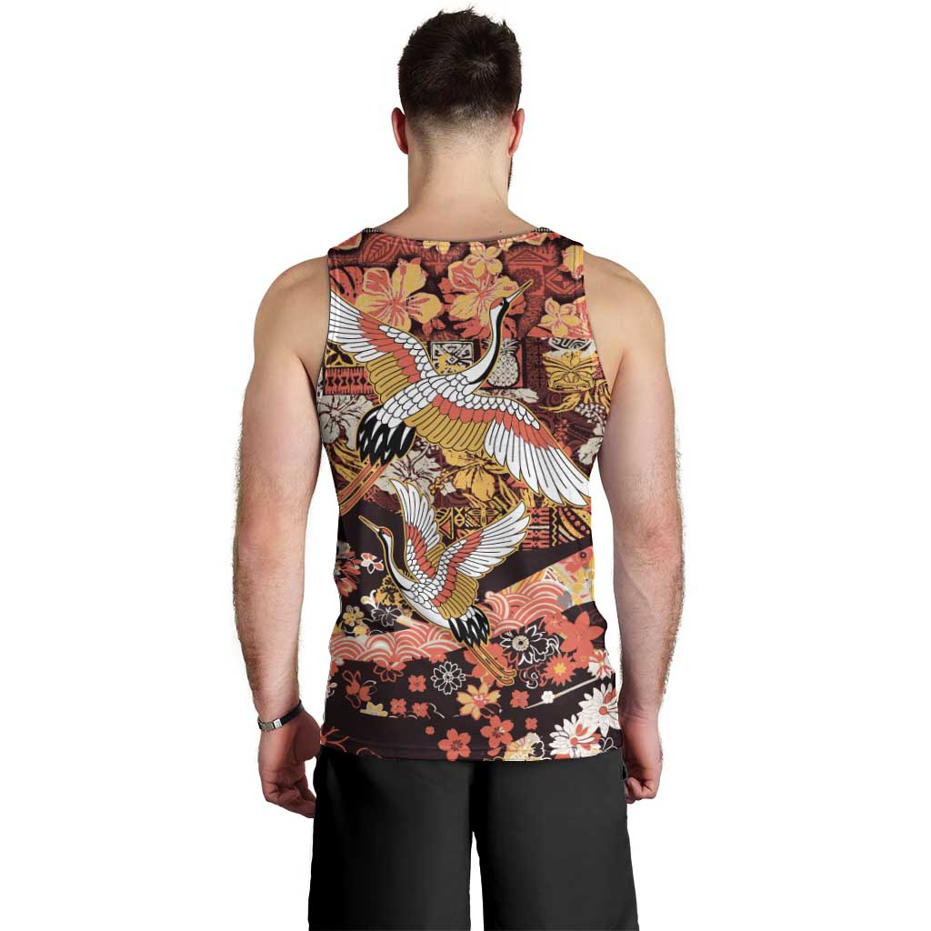 Japanese Hawaiian Crane Men Tank Top Yellow Ochre Tapa Patchwork Pattern